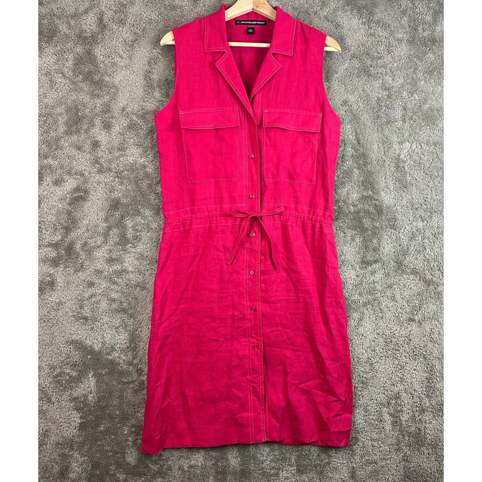 Company Ellen Tracy Pink Linen Shirt Dress 10 Sleeveless Tie Waist Button Front