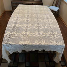 Vintage Handmade Crochet Lace Tablecloth Cream 80 X 82.5 inches