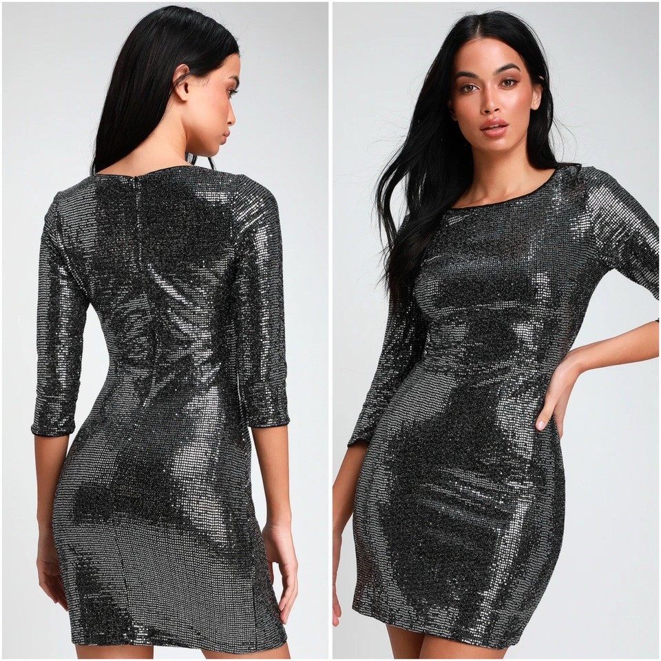 Lulus Jolie Sequin ThreeQuarter Sleeve Bodycon Dress Black Mini Size M