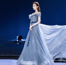 Banquet Evening Dress 2024 Spring Blue Off Shoulder Mesh Show Dress Party Chic