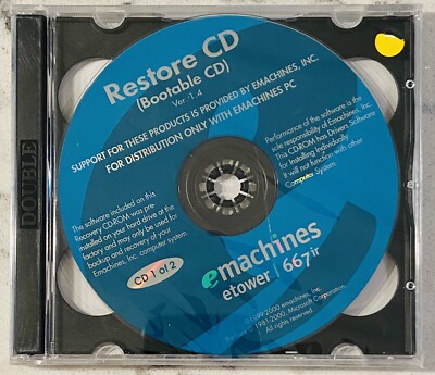 Emachine Restore CD ETower 667ir Ver 1.5 Bootable CD Microsoft 1999 Sealed