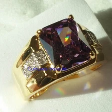 Natural Amethyst & CZ Gemstones 925 sterling silver Gold Plated Men's Ring #Ct23