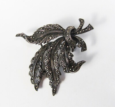 Vintage Sterling Silver Marcasite Leaf Bouquet Feathery Brooch Pin Dark  Leaves - Main Image