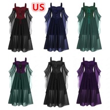 US Women Chiffon Renaissance Vintage Off Shoulder Lace Up Victorian Gothic Dress
