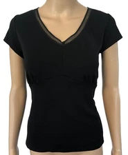 NEW Max Studio Black Jersey Knit Top Sz L $148 NWT Stretch Lace Trim Short Slv