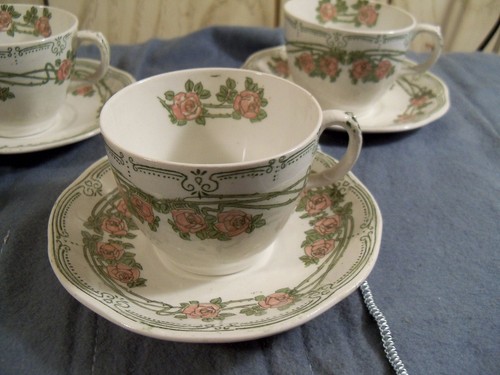 5 Ridgways England GREEN ROYALIS Demitasse Cup & Saucer Sets - Pink Roses - Picture 6 of 12