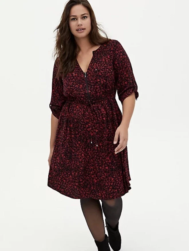 NWT TORRID RED Black HEART PRINT CHALLIS Front Zip DRESS Sze 00 M/L 10  Valentine