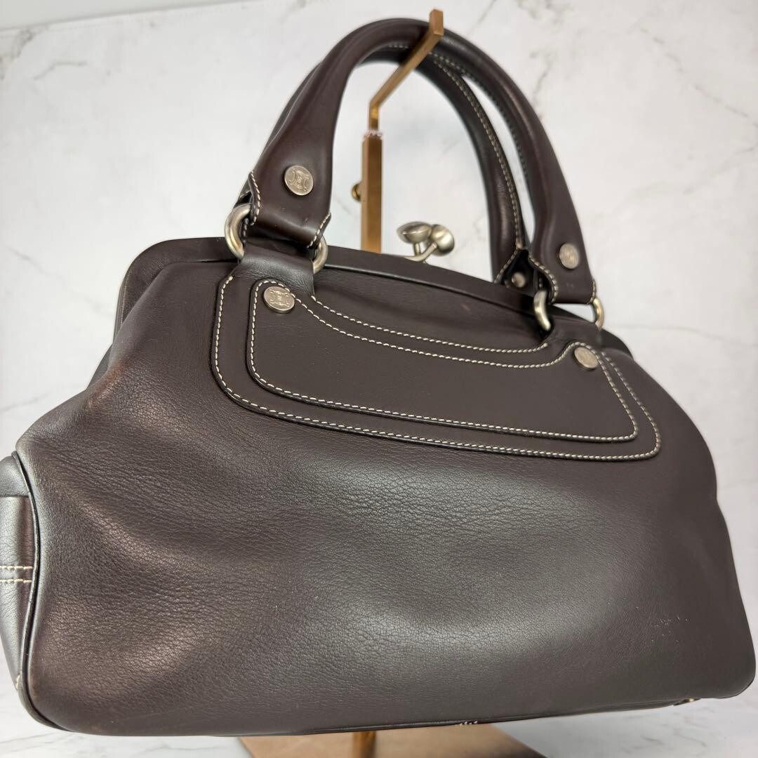 CELINE Boogie Bag Brown Leather Handbag Mini Boston Frame Closure Authentic