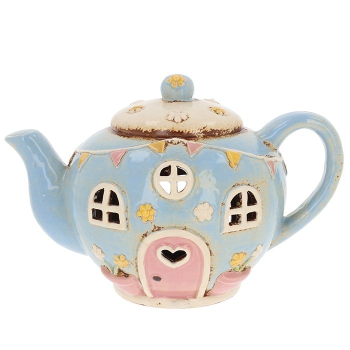 Village Pottery Round Blue Teapot Tealight Holder Boxed 350030