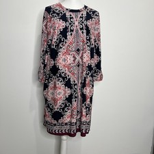 APT. 9 Swing Dress Womens L Navy Red Damask Print Stretch Round Neck Office