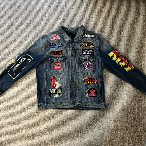 *RARE* Posh Distressed Denim Jacket Men's 2XL KISS Metallica Sublime Led Zep - product listing photo