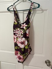Kona Sol Floral One-Piece Swimsuit in Plum with Pink  Green Flowers Size Large