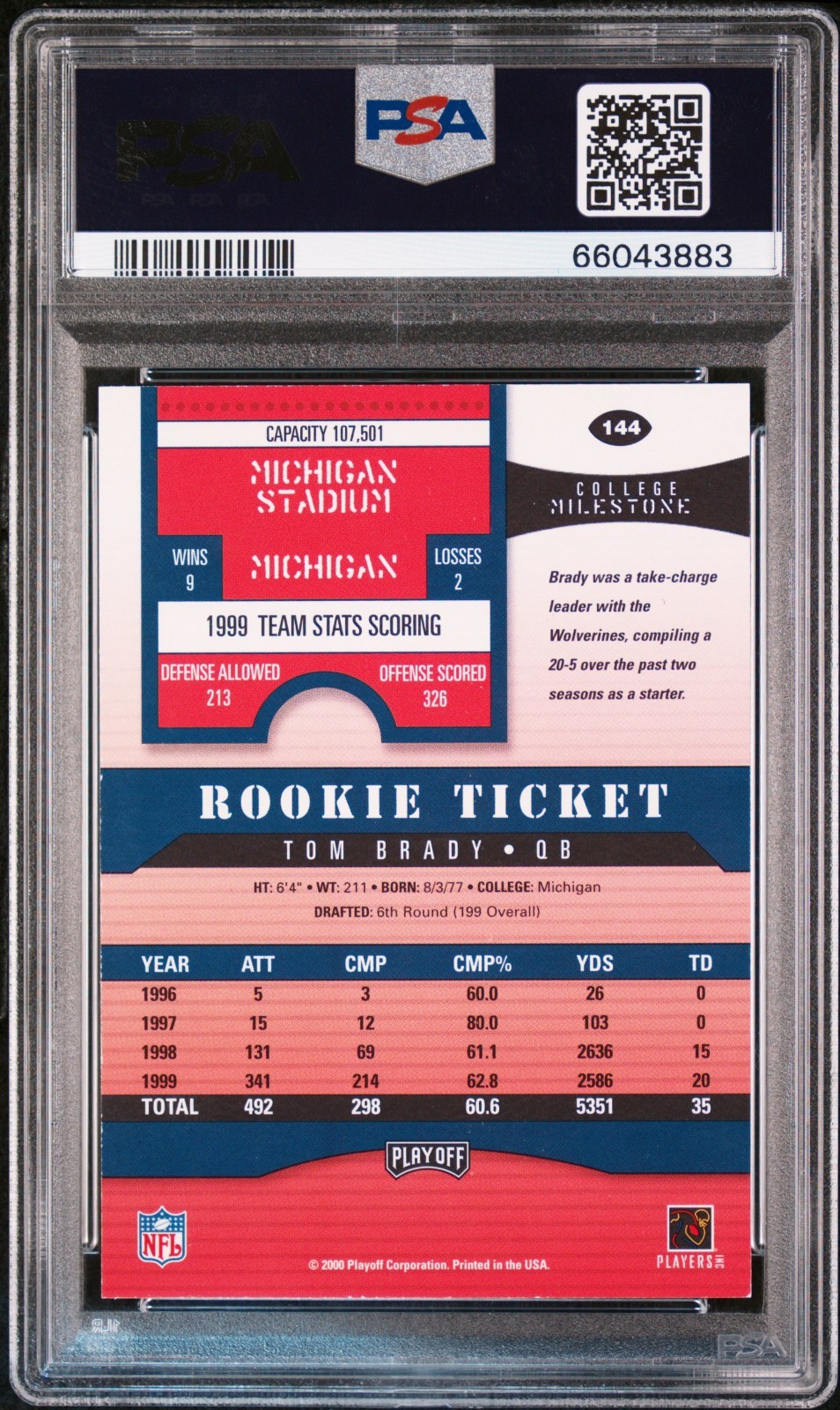 2000 Playoff Contenders Tom Brady Rookie Ticket Auto Rookie PSA 7 view 2