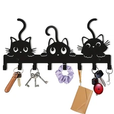 Cat Key Holder Wall Mount 10.19x4.72 inch Black Metal Rack with 8 Hooks