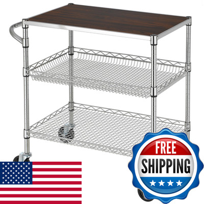 Finnhomy 3 Tier Heavy Duty Commercial Grade Utility Cart Wood Top Wire Rolling