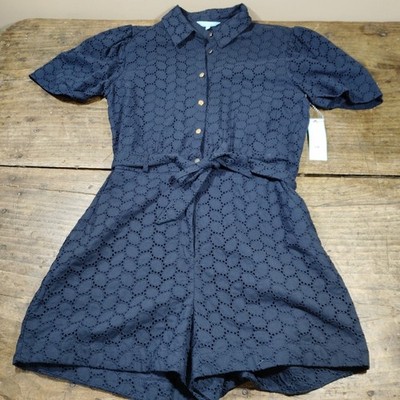Draper James Womens LARGE Romper NWT Button Front Shorts Eyelet Navy Blue Belted