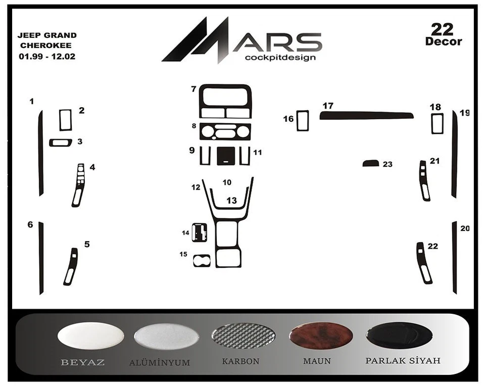 Kit de molduras de tablero de aspecto de madera Jeep Grand Cherokee 1999-2002 revestimiento de panel Foto 2 de 4