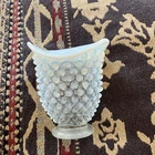 VINTAGE FENTON  WHITE OPALESCENT HOBNAIL GLASS FOOTED FAN VASE 3 1/2”  TALL
