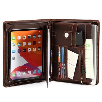 Leather Portfolio Organizer, Leather Padfolio for Men with Handle, Zippered P...