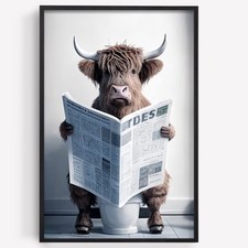 Funny Highland Cow Wall Art Canvas Bathroom Picture, 18"L x 12"W, Multicolor