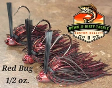 Weedless Bass Jigs, 1/2 Ounce, x3, Red Bug, Custom Brush Jig