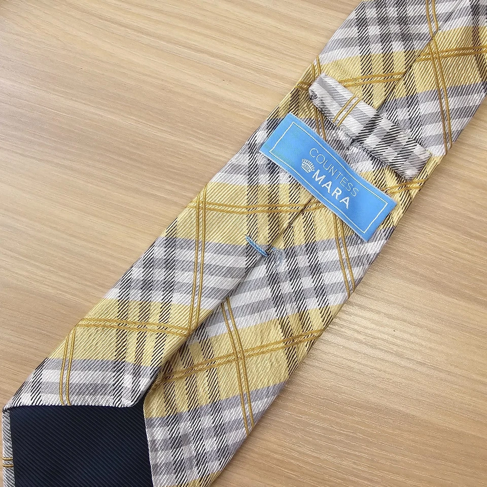 Corbata para el cuello para hombre CONDESA MARA amarillo mantequilla gris a cuadros seda traje vestido preparación estrecha Foto 3 de 4