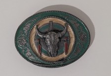 Buffalo Skull Feathers Floral Enamel Pewter Metal Belt Buckle Siskiyou 1991 B3 