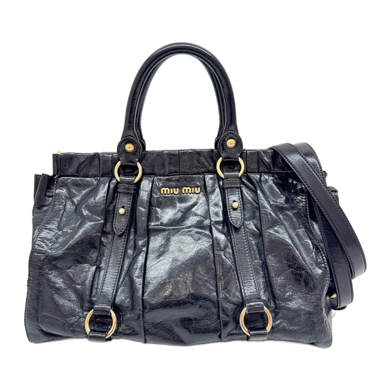 Miu Miu — MIU MIU Vitello Black Leather Two Way Bag