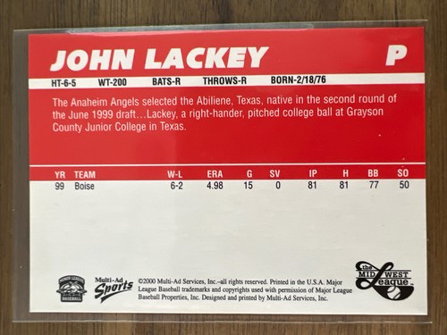 2000 John Lackey Multi-Ad Sports Card Cedar Rapids Kernels C16 - Picture 2 of 2