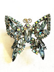 Pin Brooch Silver Tone Vintage Blue Ab Rhinestone Butterfly