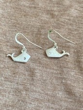 Tiny Whale Earrings Drop Silver Tone Rhinestone Eye C52-16