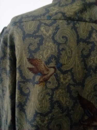 Cheyne Cotton Ruffle Collar Green Paisley Duck Pattern Shirt Size L Vintage - Picture 9 of 12