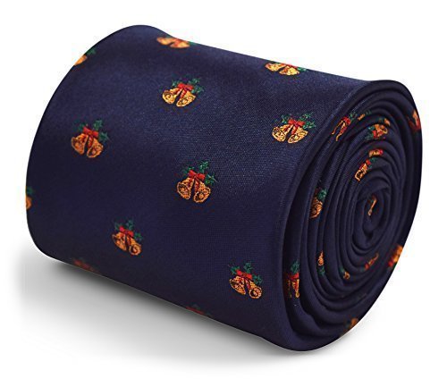 Frederick Thomas Designer Mens Tie - Dark Navy Blue Embroidered Christmas Bells