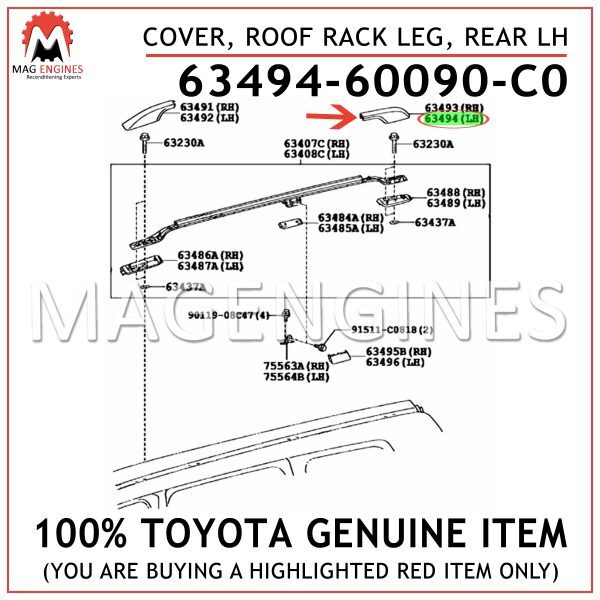 63494-60090-C0 GENUINE OEM COVER, ROOF RACK LEG, REAR LH