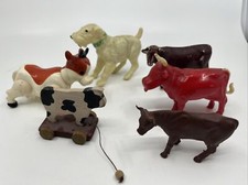 Lot of 6 Vintage Small Animal Toys Celluloid Plastic Wooden Cows Dogs Mechanical