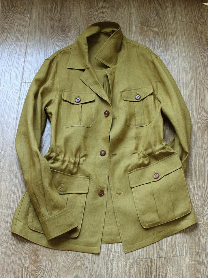 British Men's 100% Linen Safari Jacket Pockets Slim Fit Hunting Coat Casual Tops - Image 3 of 4