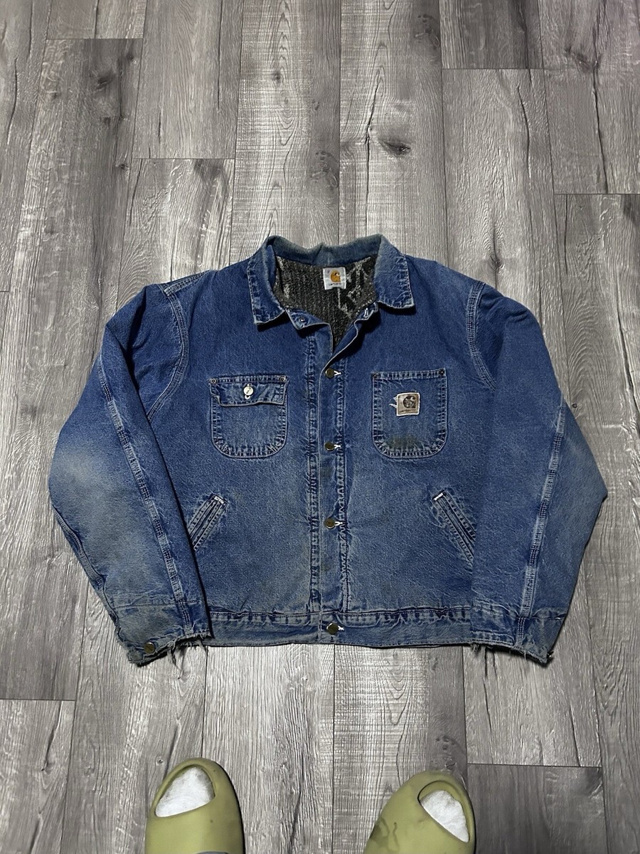 90s Carhartt JP1088 Denim Blue Aztec Lined Work Detroit Jacket
