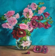 Hollyhocks pink Mallows in a vase oil painting original still life 24x24"