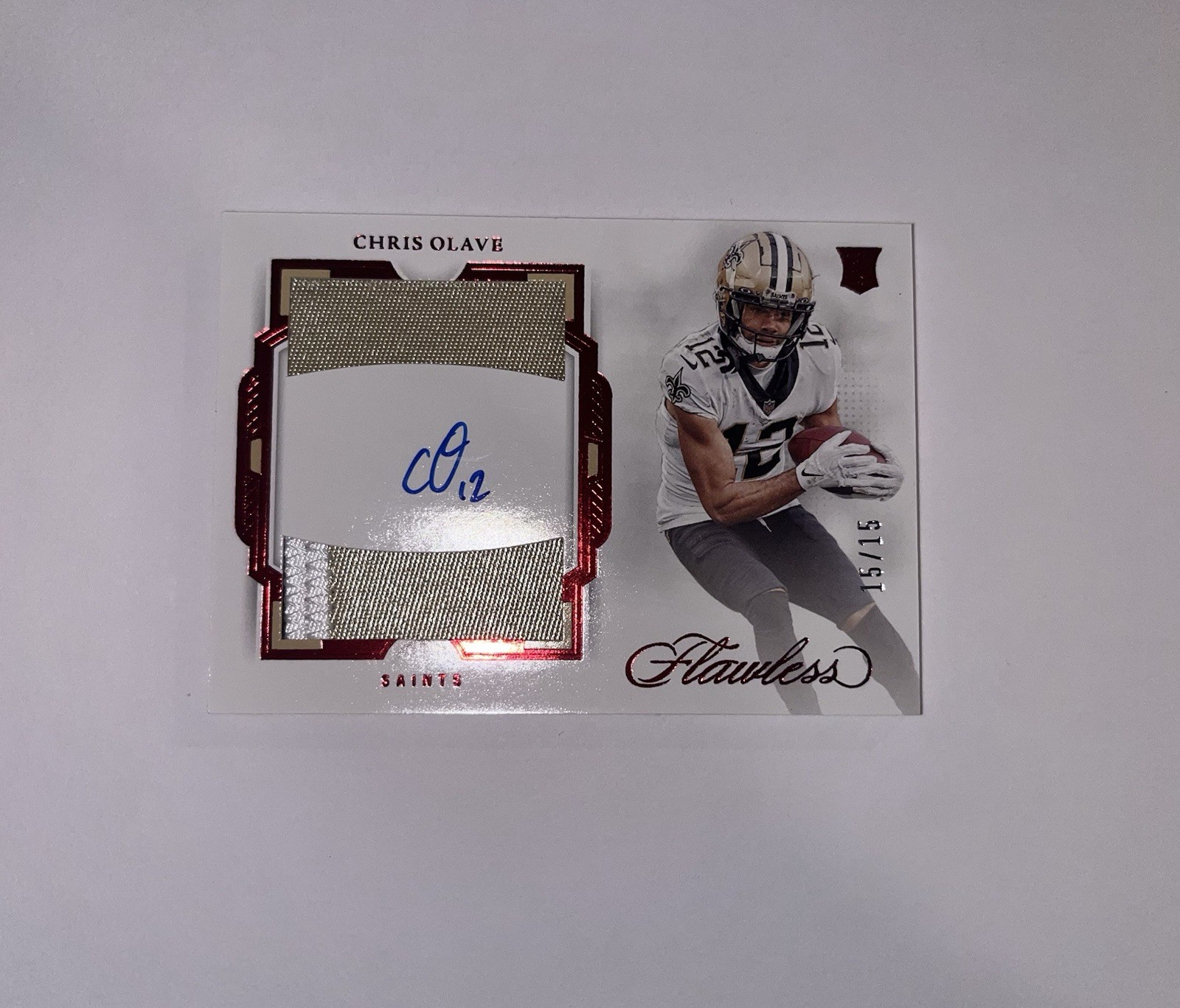 2022 Panini Flawless RC Chris Olave Ruby /15 RPA Dual Patch Auto #RDP-CO view 2