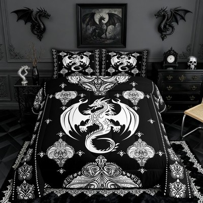 White Black Dragon Bedding Set Queen Size,Vintage Boho Floral Print Comforter...