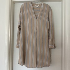 H&M Tan Black White Stripe Long Sleeve Shirt Dress-10
