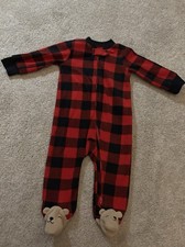 Carter's Bear Fleece One Piece Long Sleeve Zip Footed Plaid 6 Months Pajamas