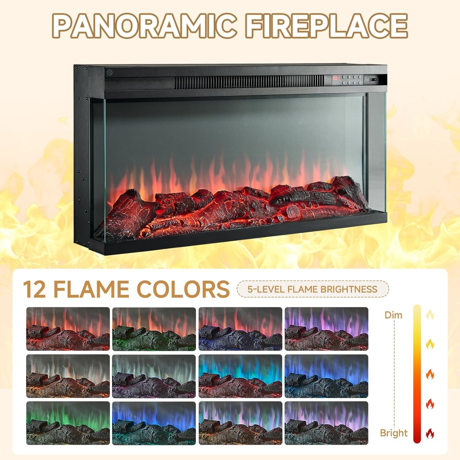 70 Inch TV Stand Entertainment Center Fireplace with Glass Doors and Drawers