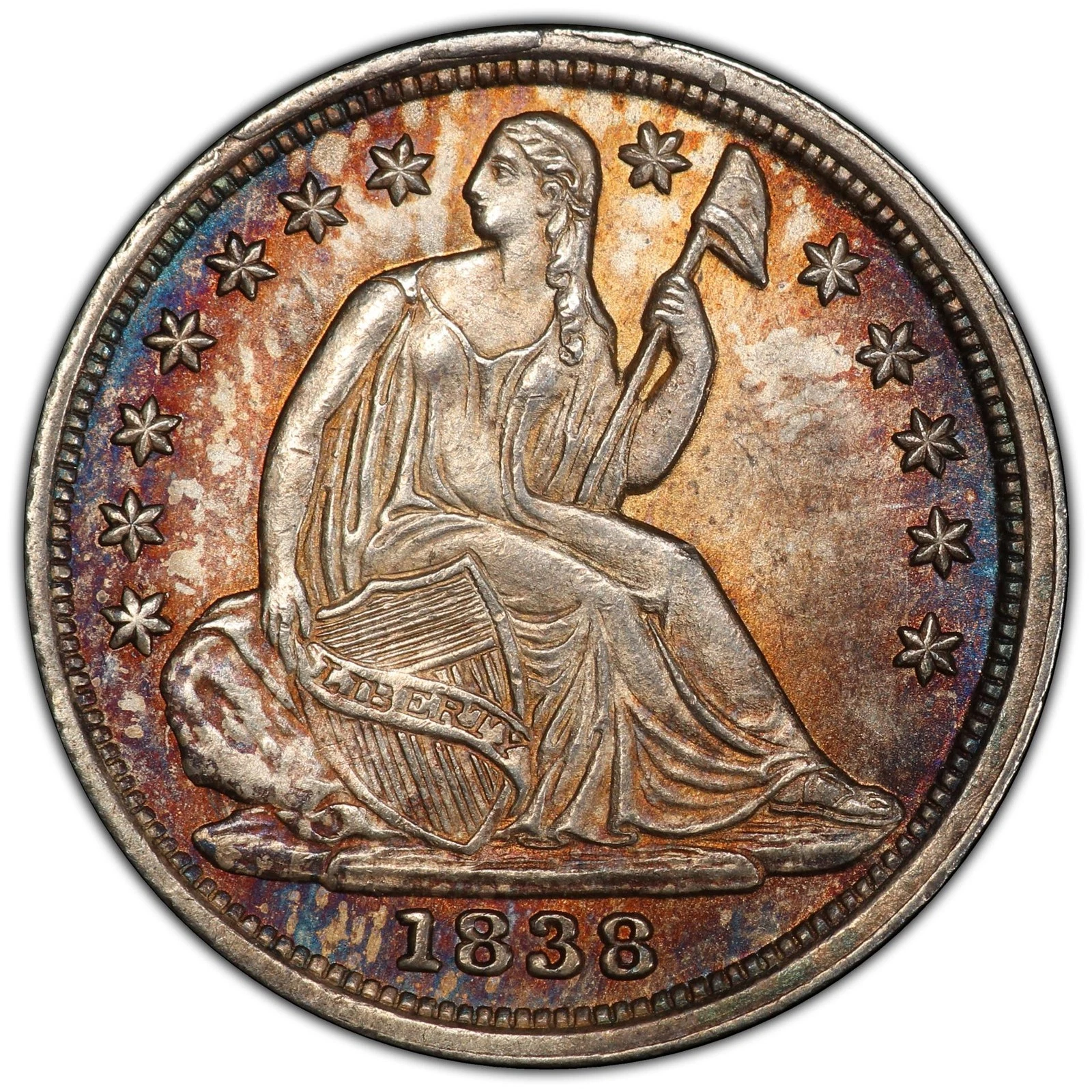 1838 H10C No Drapery Large Stars Liberty Seated Half Dime PCGS MS67