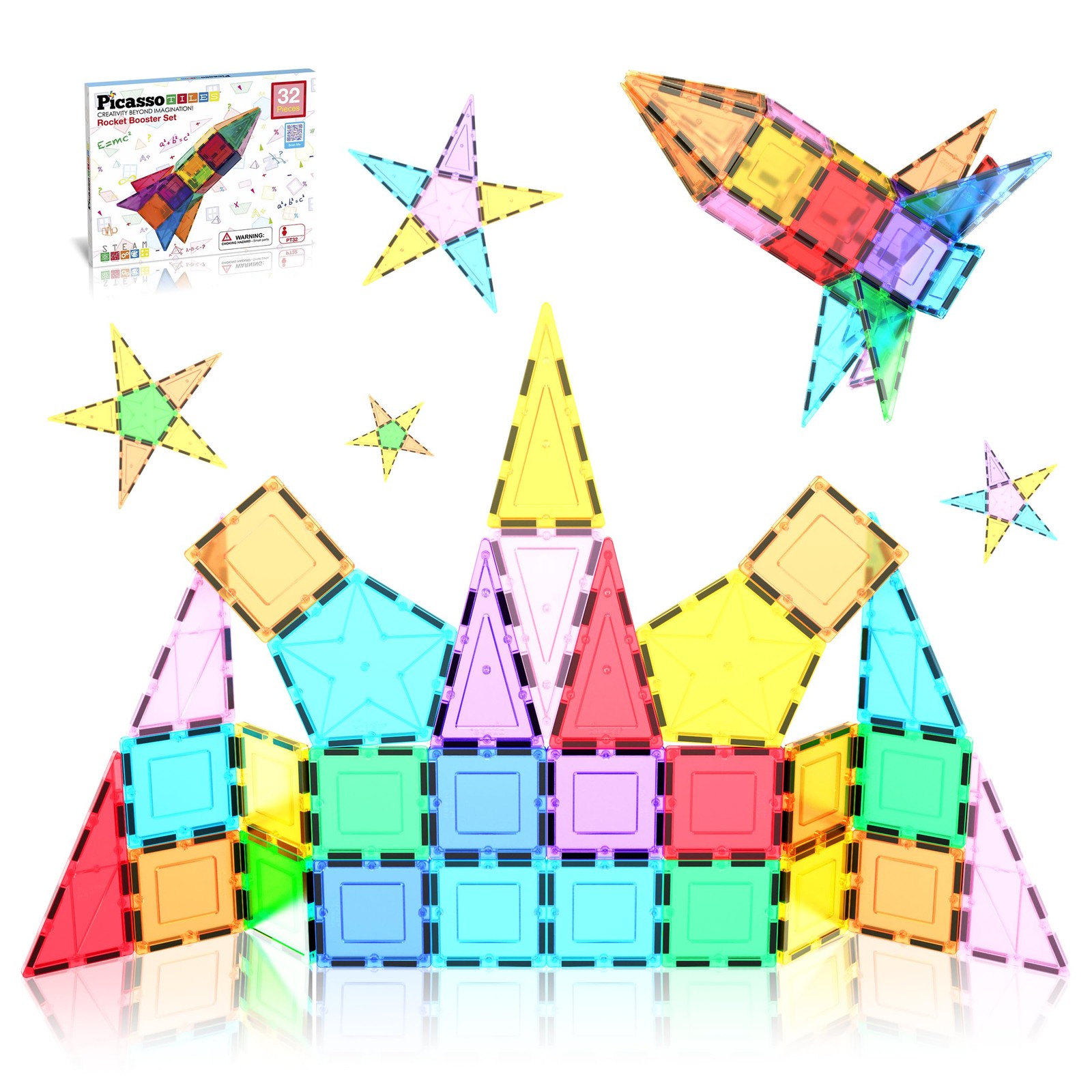 PicassoTiles 32 Piece Magnetic Building Block Rocket Booster Theme Set Magnet Co