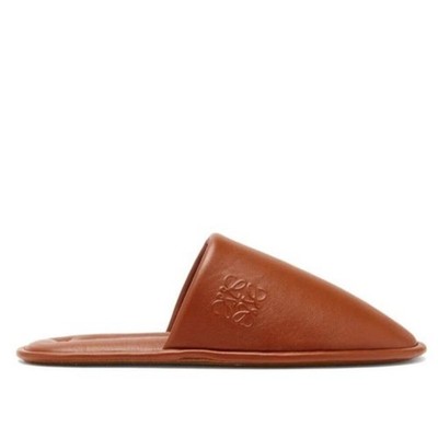 Loewe Logo Embossed Brown Leather Round Toe Slip On Slippers Size 41