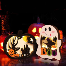 2Pcs Halloween Lighted Wooden Table Decoration, Ghost Pumpkin Tabletop Centerpie