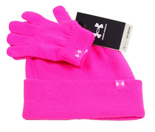 Under Armour Youth Girl's One Size Pink Knit Cuff Beanie & Stretch knit Gloves