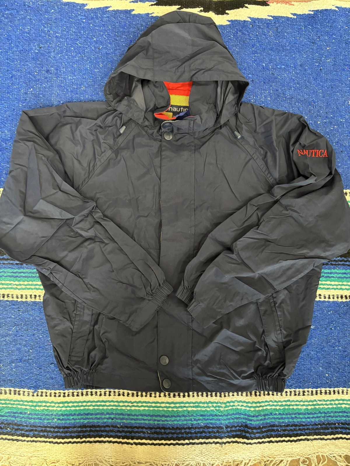 Nautica Jacket Mens Large Blue Hooded Nylon Windbreaker Mesh Lined Pockets Coat