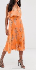 Nwt Asos Midi Halter Pleated Tiered Floral Print Apricot Dress Flowy Beachy sz 6
